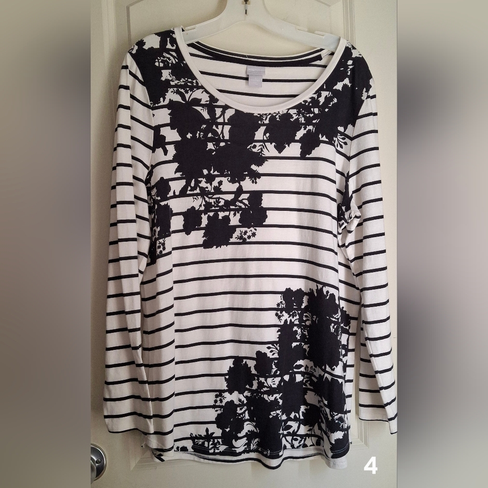 Chicos ZenErgy garden‎ Striped Tunic Tee  Size 2 black/white Casual Boho